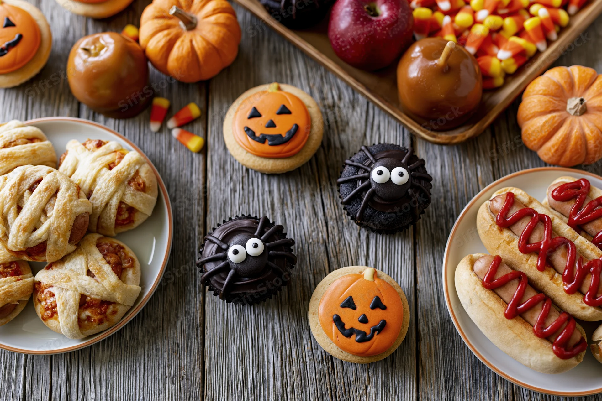 Halloween party food spread with themed desserts and snacks on a rustic wooden table