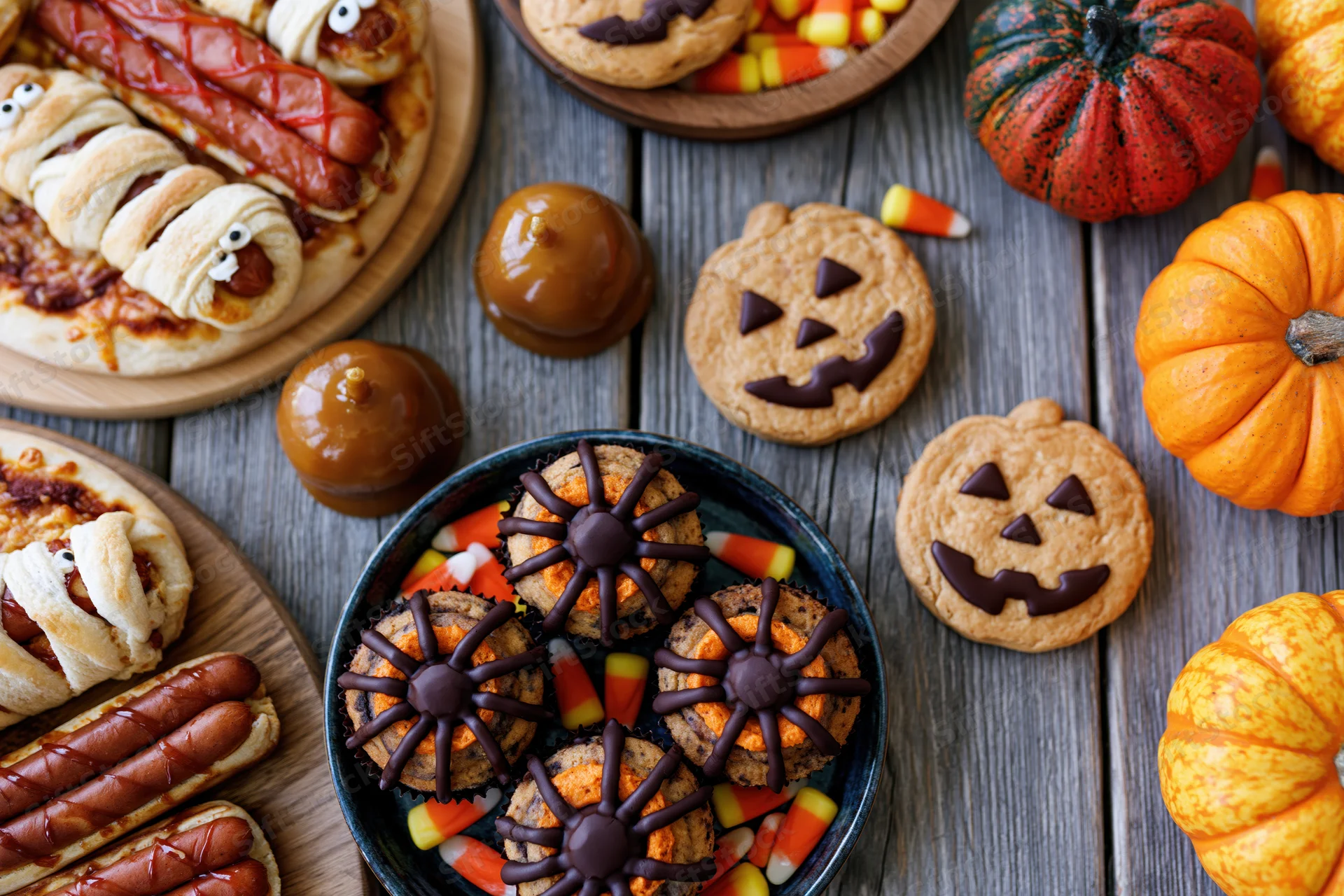 Halloween party food spread with themed cookies, mummy hotdogs, and pumpkins on a rustic wooden table