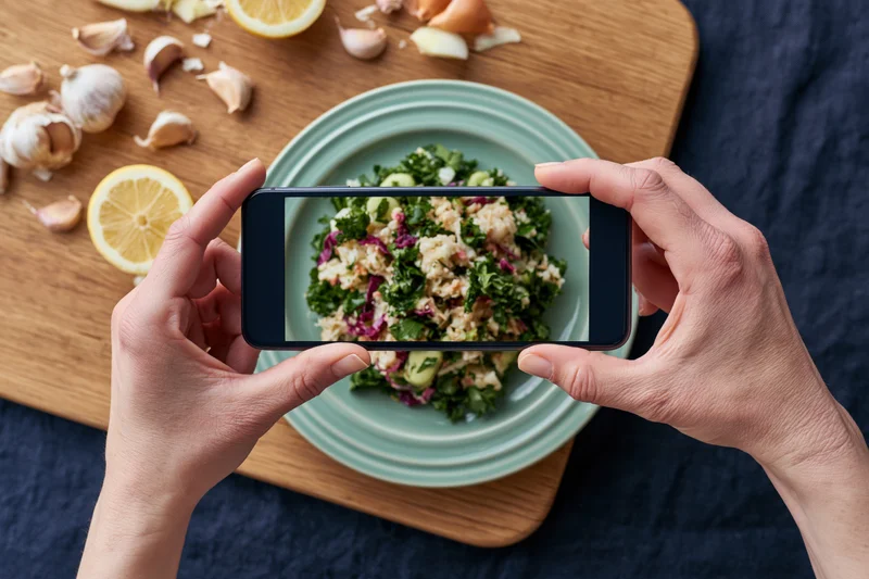 Hands holding smartphone photographing salad on plate in kitchen