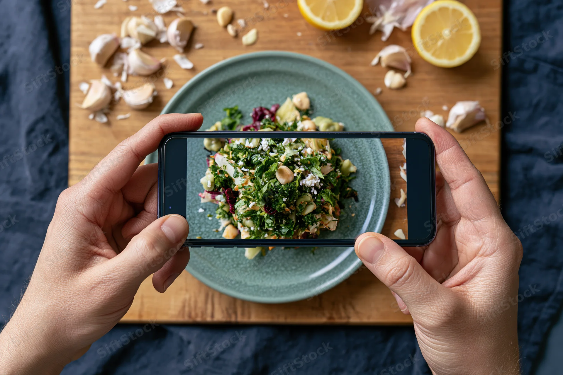 Hands holding smartphone photographing salad on wooden cutting board with lemon and garlic