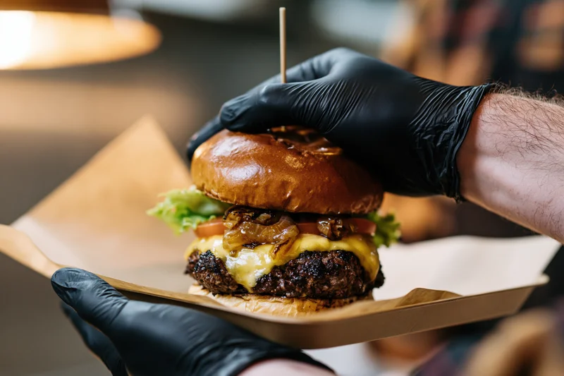 Hands in black nitrile gloves holding a cheeseburger on a paper tray