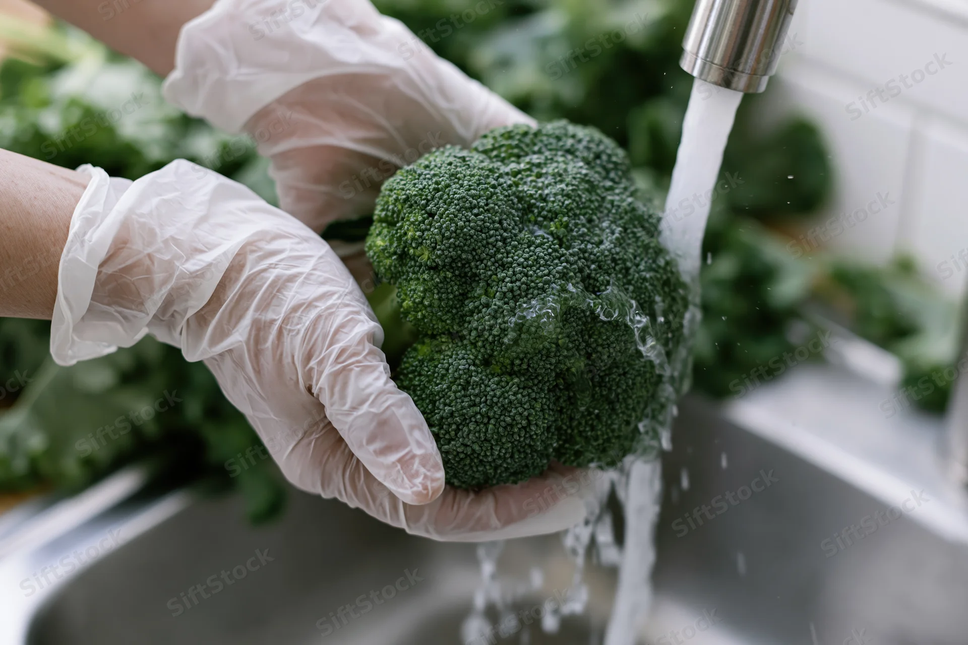 Hands in white gloves rinsing broccoli under running water in kitchen sink