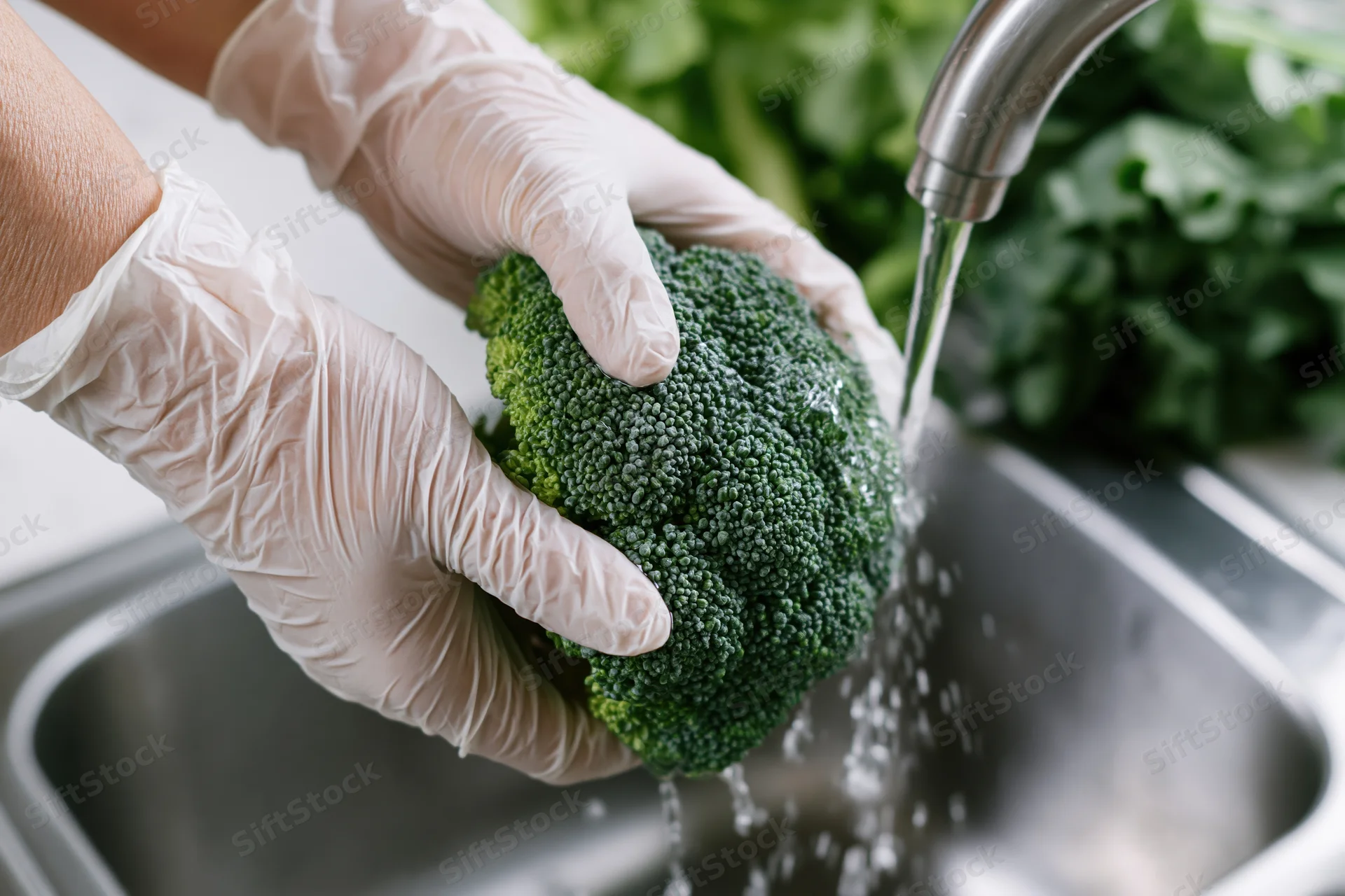 Hands in white gloves rinsing broccoli under running water in a kitchen sink