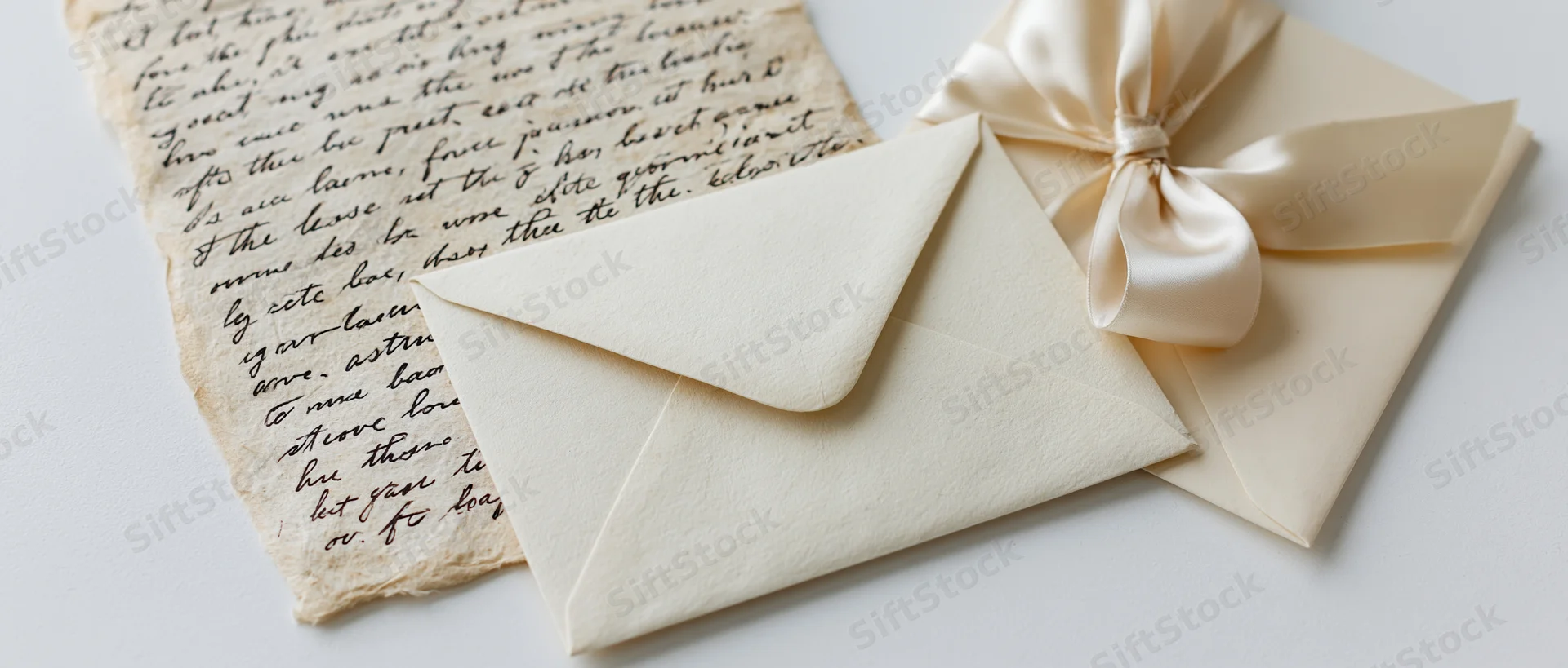 Handwritten love letter on aged cream paper beside a cream envelope with satin ribbon bow