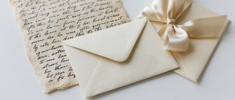 Handwritten love letter on aged cream paper beside a cream envelope with satin ribbon bow