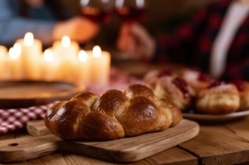 Braided challah on wooden board at hanukkah dinner table with lit candles and wine glasses in background