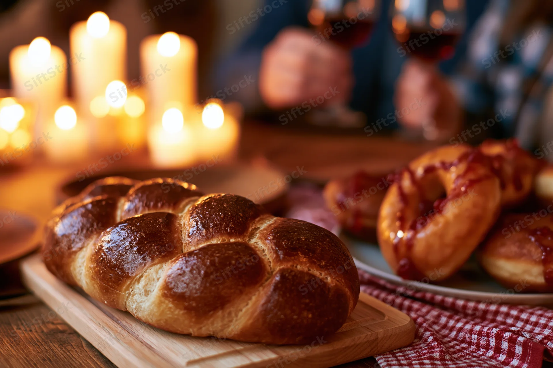 Braided challah on a wooden cutting board at a hanukkah dinner table with lit candles and wine glasses in the background