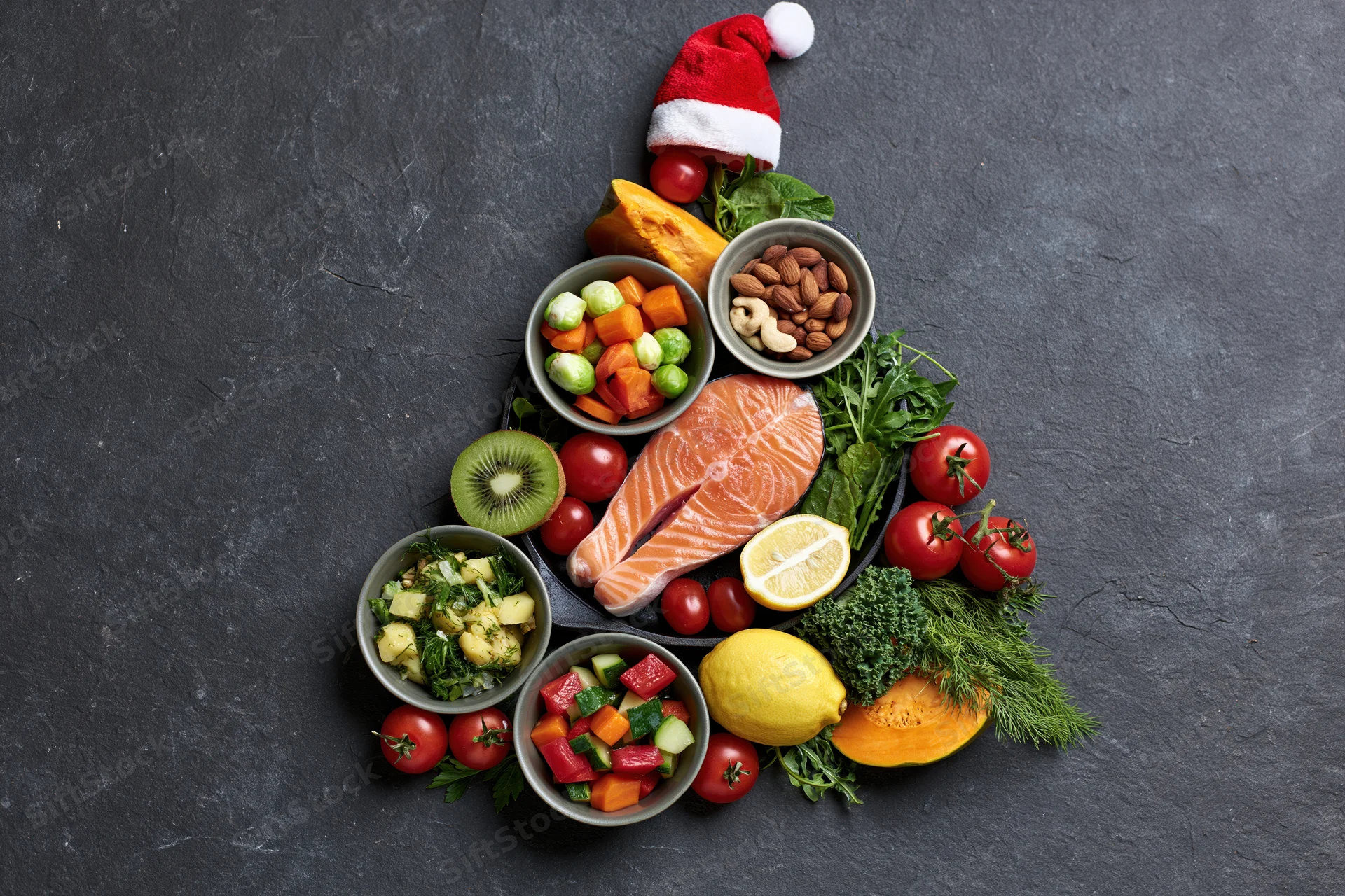 Healthy foods arranged in christmas tree shape on dark surface