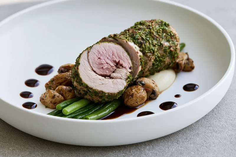 Herb-crusted pork roulade sliced to reveal pink interior on white plate with mushrooms and green beans