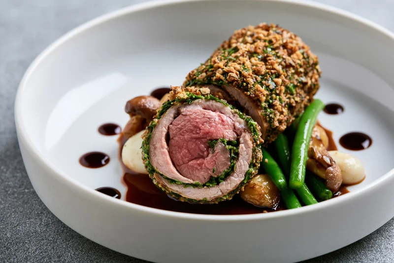 Herb-crusted meat roulade sliced to reveal pink interior on white plate with mushrooms and green beans