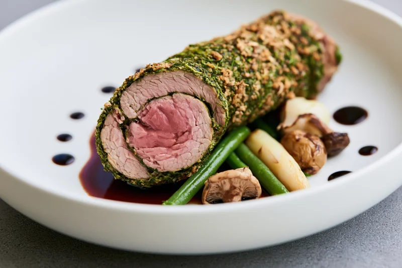 Herb-crusted meat roulade sliced to reveal pink interior on white plate with asparagus and mushrooms