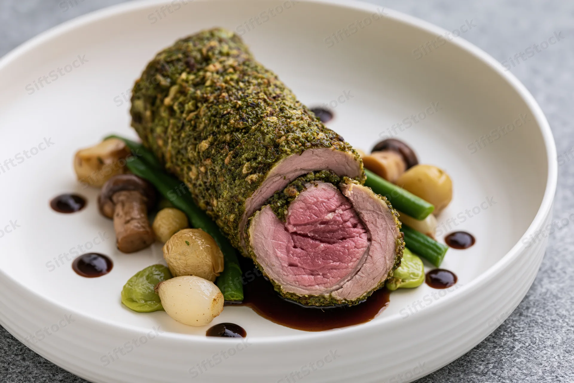 Herb-crusted meat roulade sliced to reveal pink interior on white plate with vegetables and sauce