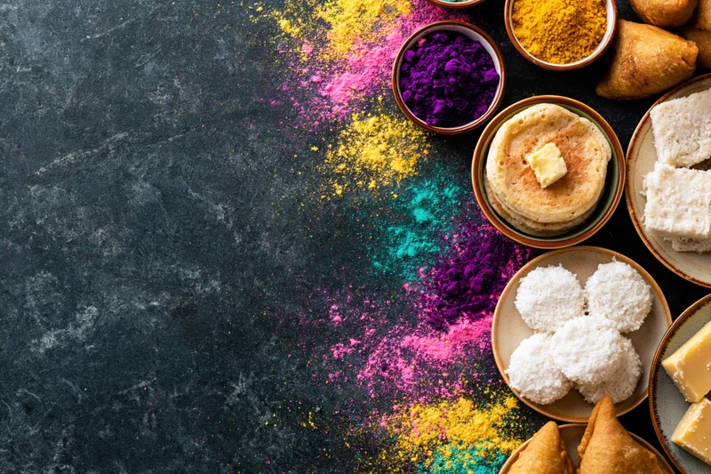 Holi festival food spread arranged along the right edge of a dark textured surface with colorful gulal powder scattered around
