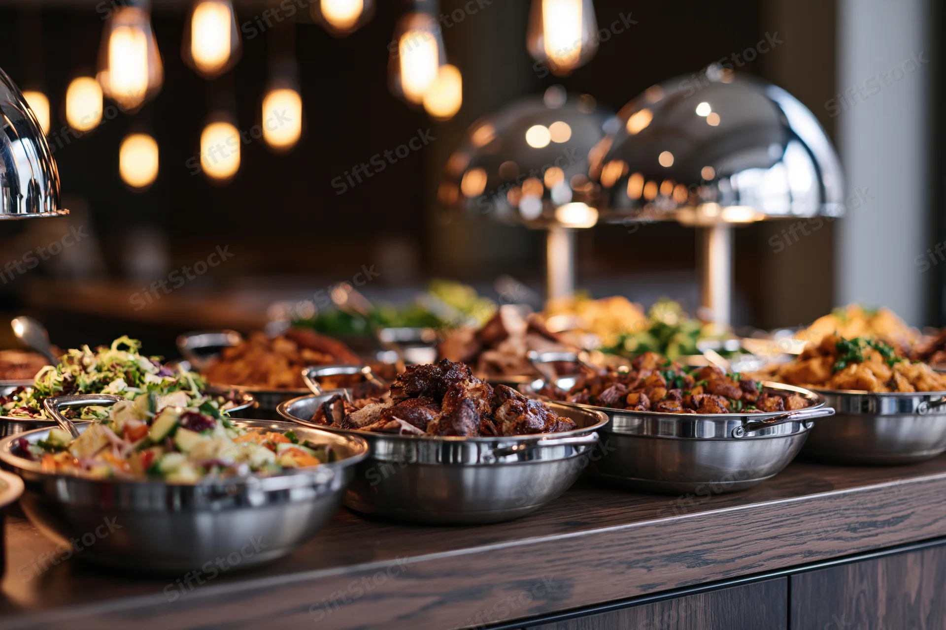 Stainless steel serving bowls filled with various dishes arranged on a buffet table in a hotel dining area