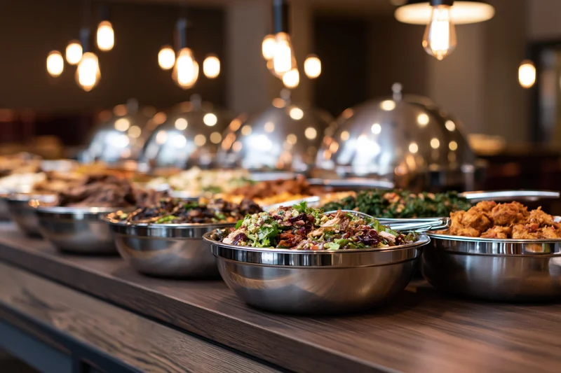 Hotel buffet spread with stainless steel serving bowls arranged on wooden counter under warm pendant lighting