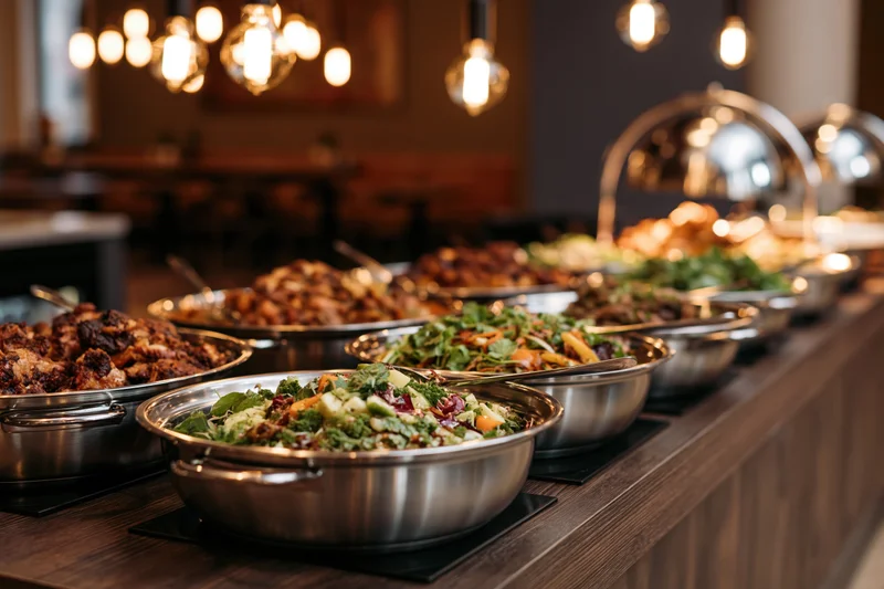 Hotel buffet spread with stainless steel serving bowls filled with salads, roasted meats and vegetables arranged on a wooden counter under warm pendant lighting