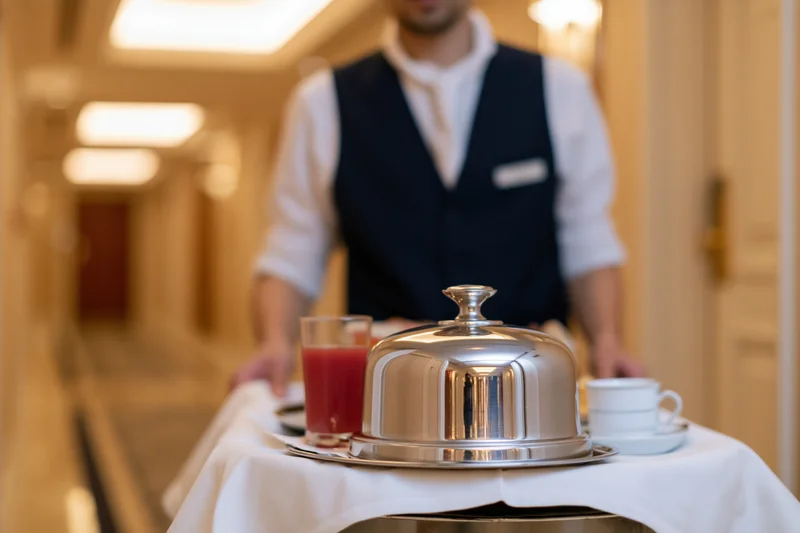 Hotel room service attendant pushing a tray with covered silver platter and drinks down a hallway