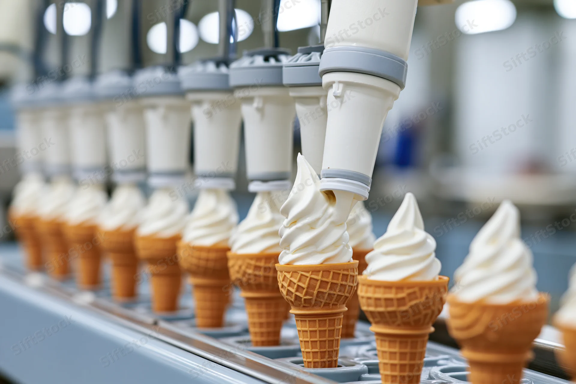 Soft-serve ice cream being dispensed into waffle cones on a factory conveyor line