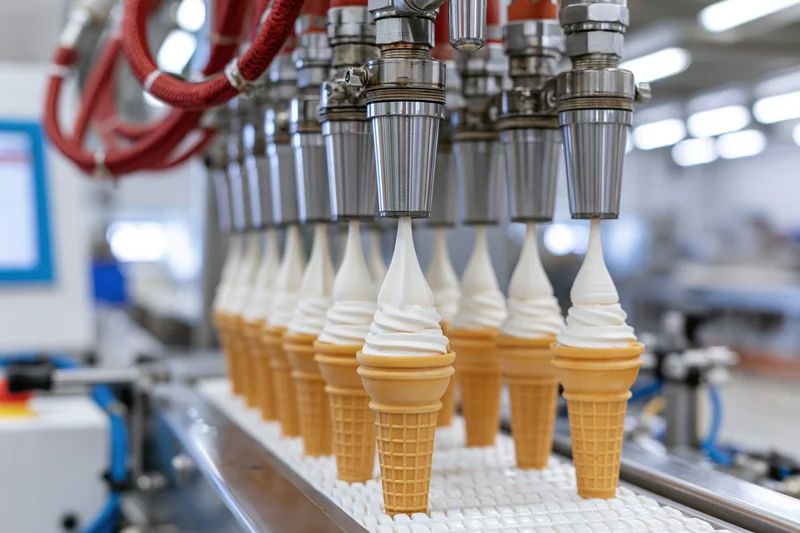 White cream being dispensed into golden waffle cones on a conveyor in a factory