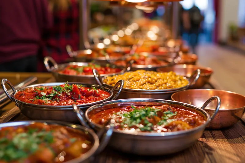Indian buffet spread with stainless steel karahis filled with curries and dal on a wooden table