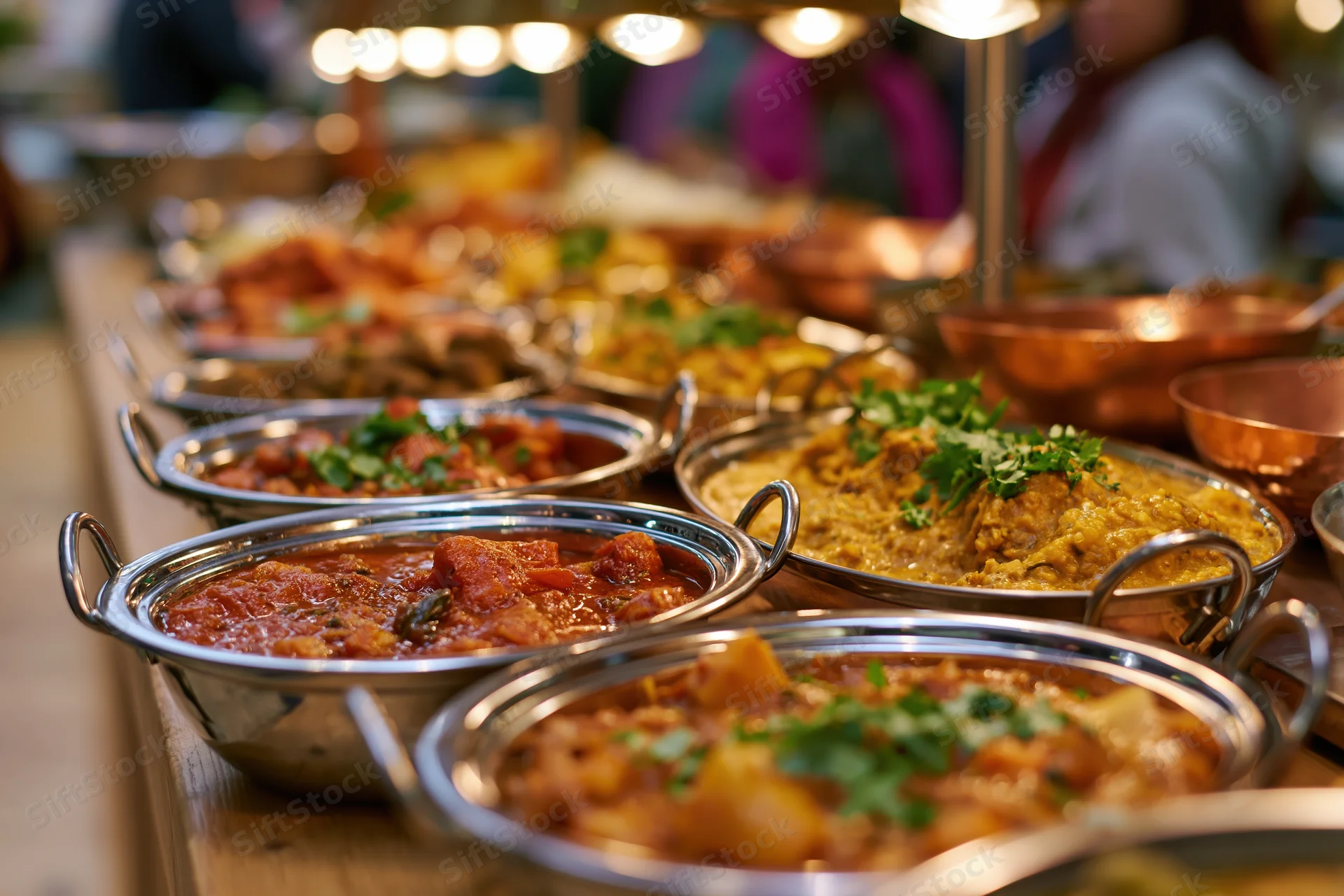 Row of stainless steel karahis filled with curries and garnished with herbs on a wooden table at an Indian buffet spread