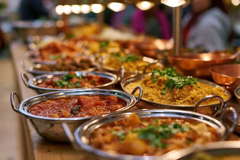 Row of stainless steel karahis filled with curries and garnished with herbs on a wooden table at an Indian buffet spread