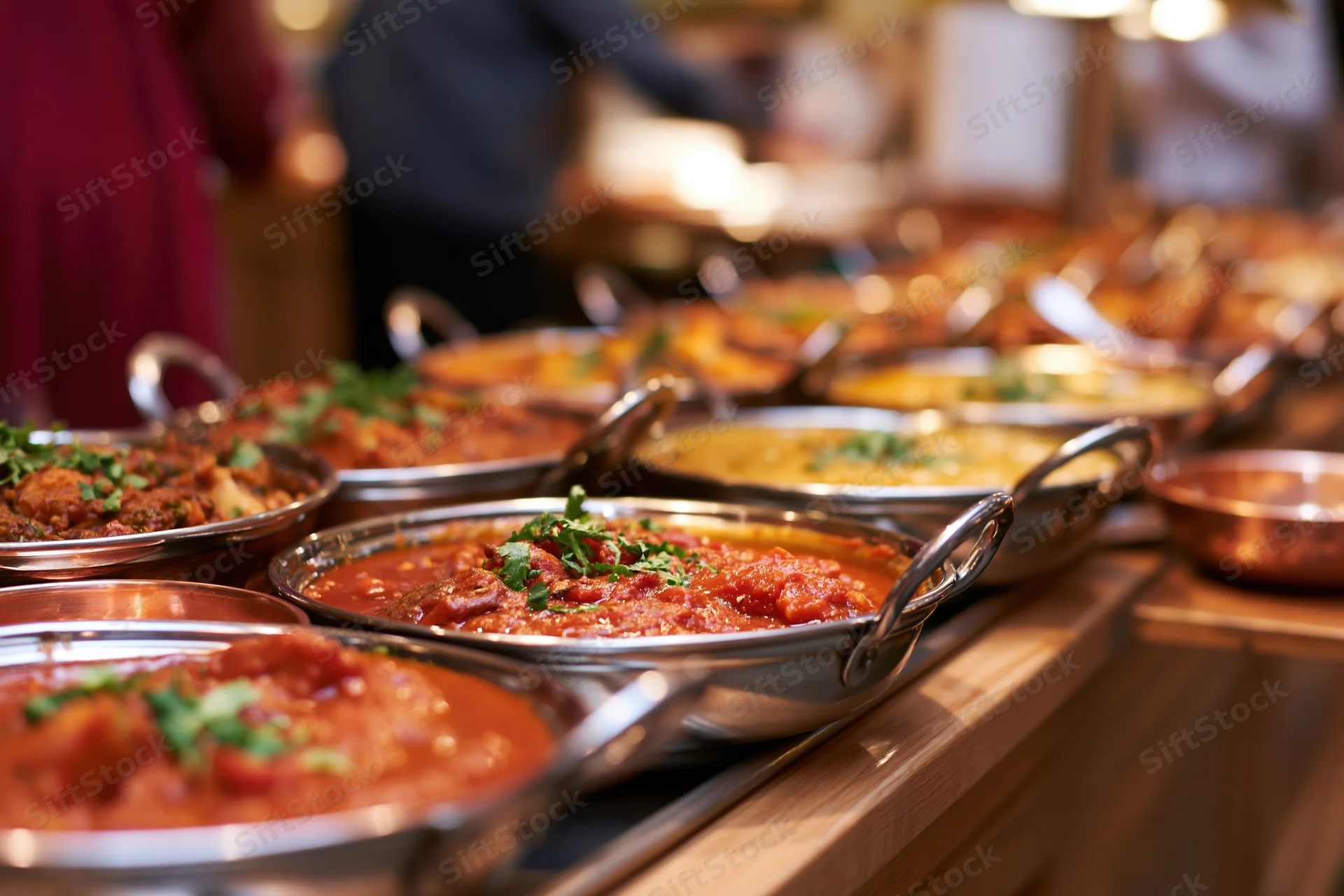 Row of stainless steel karahis filled with curries and garnished with cilantro on a buffet table