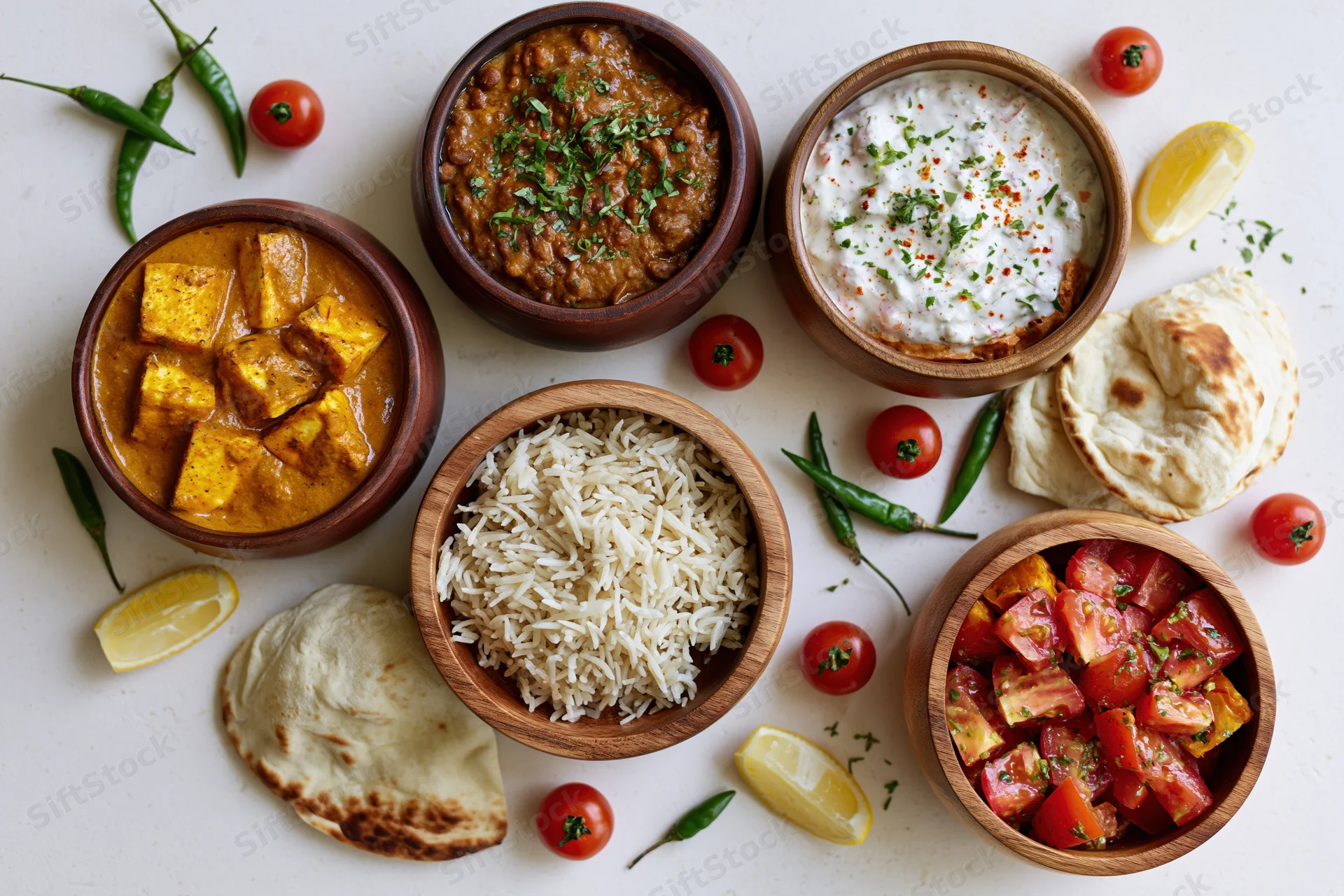 Indian meal spread with curry, rice, naan and yogurt in wooden bowls on white surface