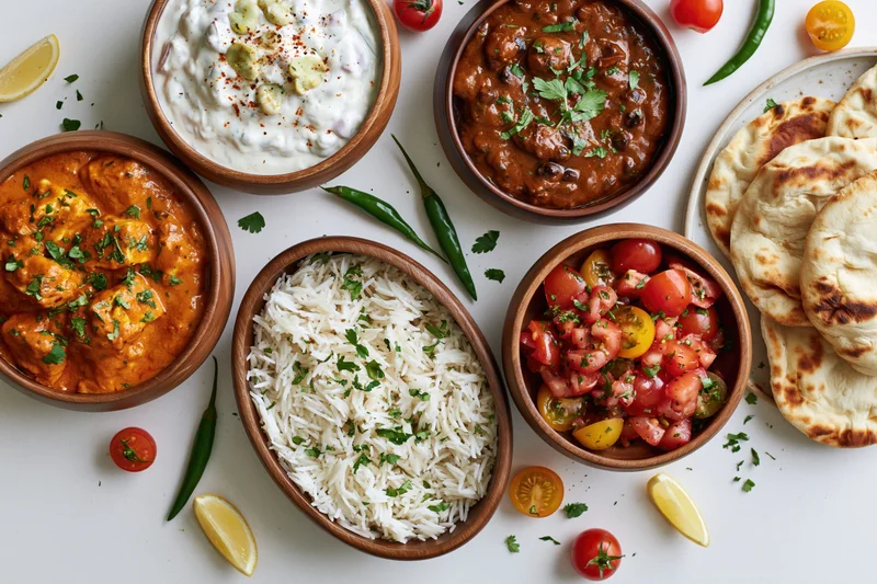 Indian meal spread with curry, rice, naan and raita in wooden bowls on white surface