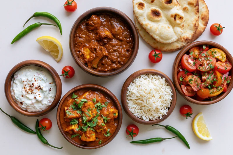 Indian meal spread with curry, naan, rice, raita and salad in wooden bowls on white surface