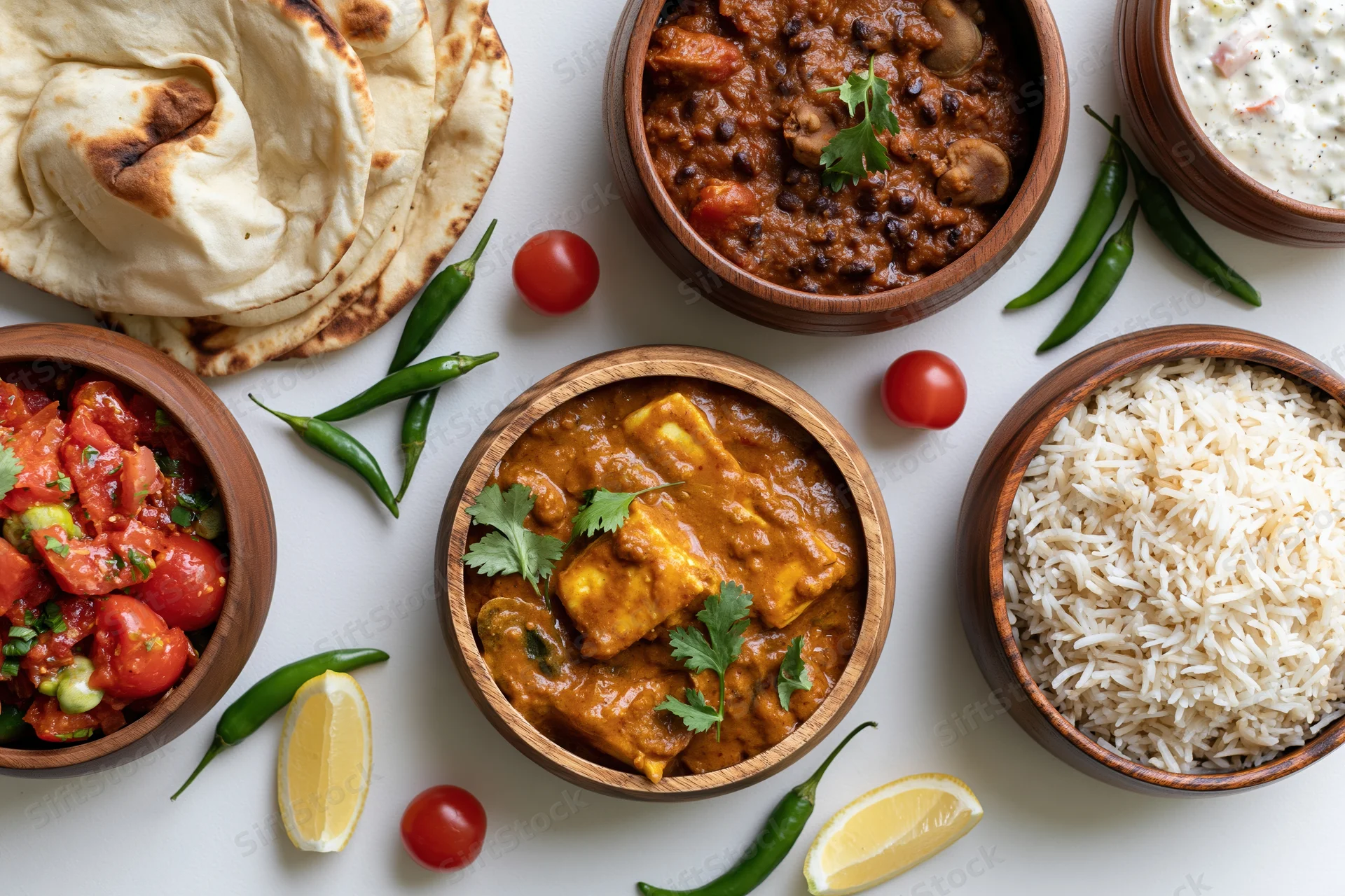 Indian meal spread with curry, rice, naan and vegetables in wooden bowls on white surface, overhead view