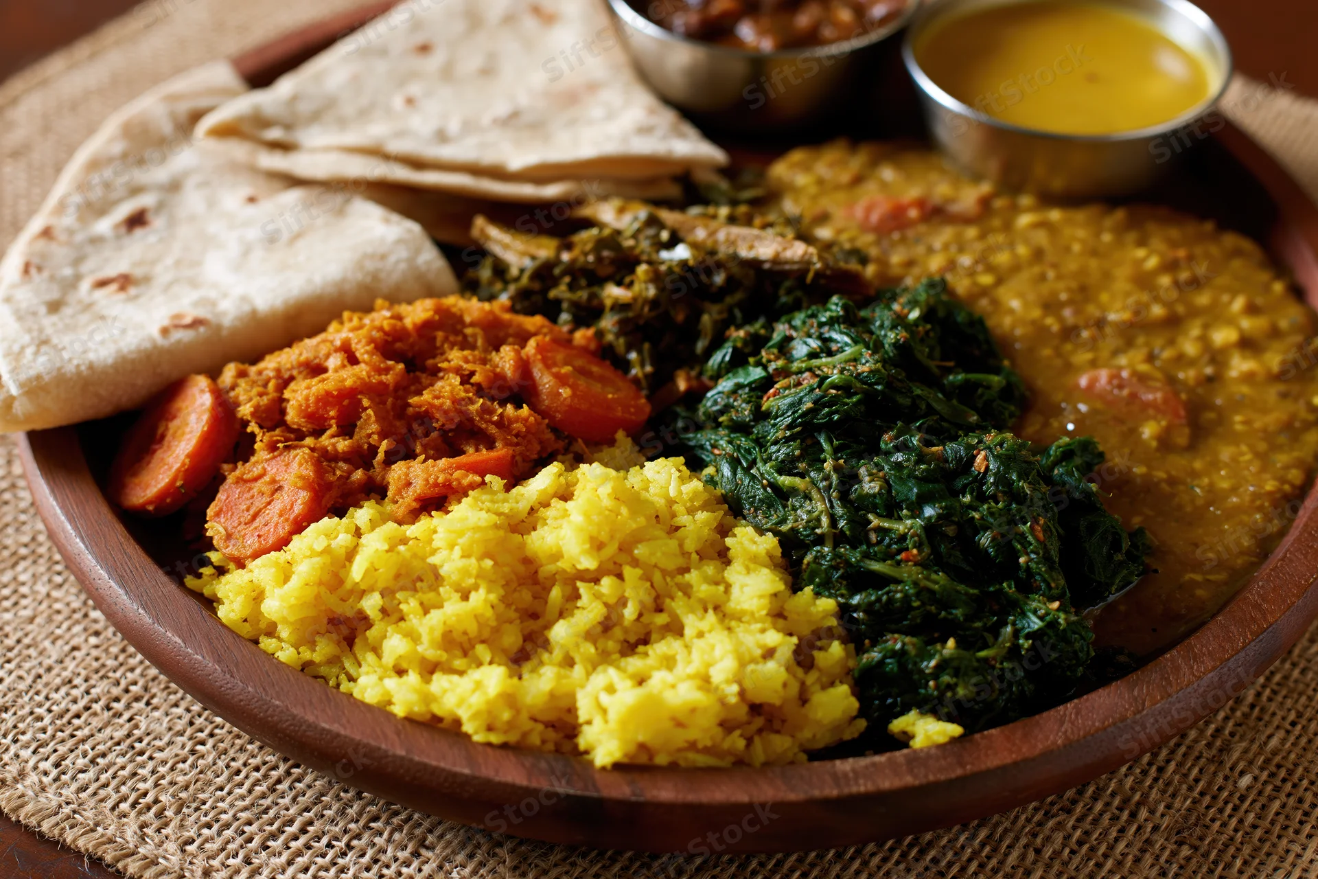 Indian thali meal served on a round wooden plate with yellow rice, lentils, spinach curry, and flatbread