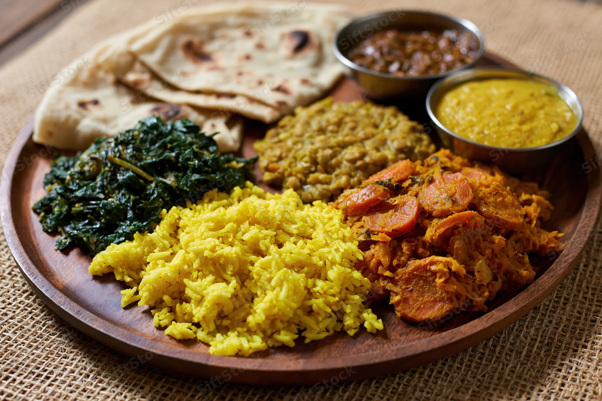 Indian thali meal served on a round wooden plate with yellow rice, curry, lentils, spinach, roti and chutney