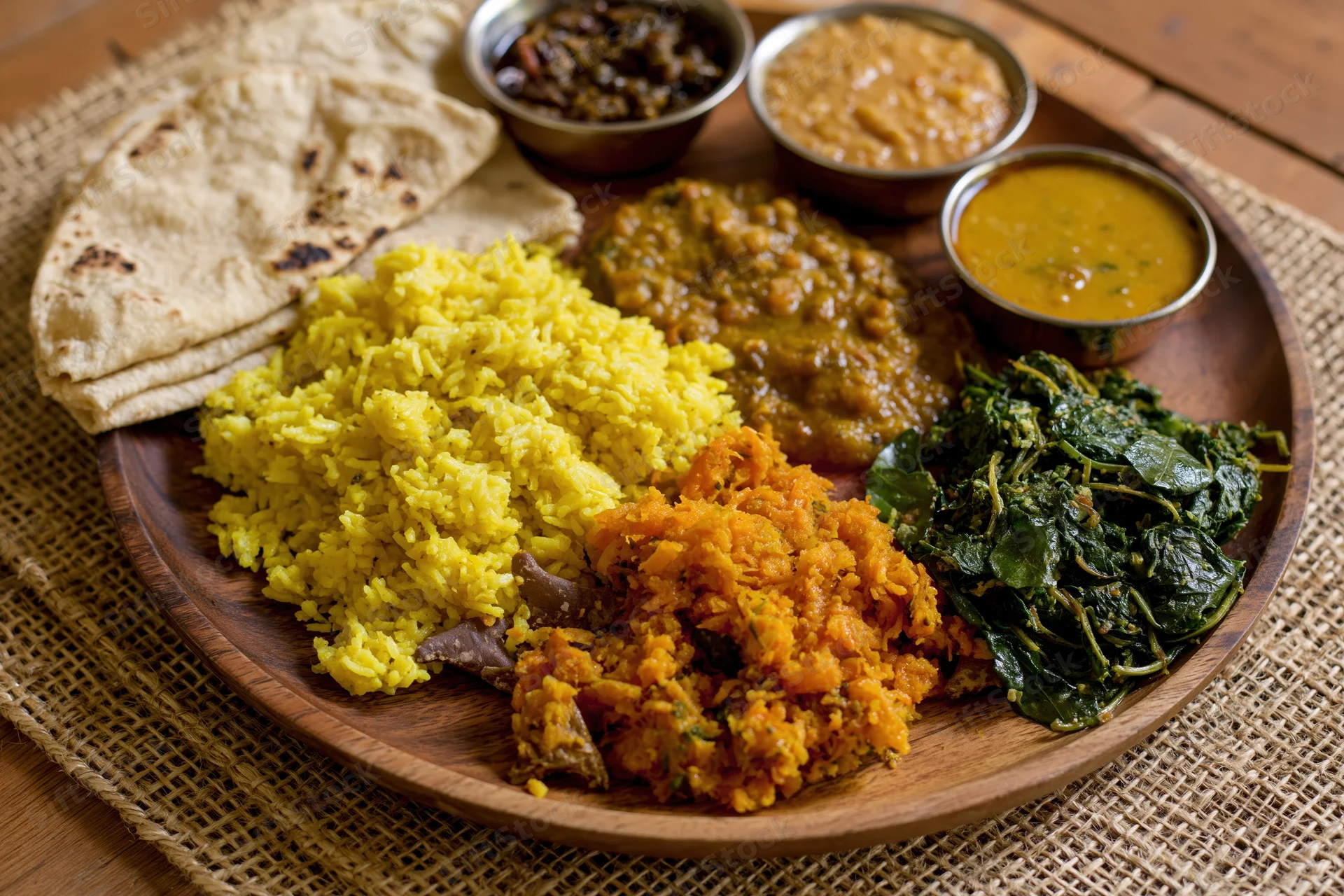 Indian thali meal served on a round wooden plate with yellow rice, curries, lentils, spinach, and flatbread on a woven mat