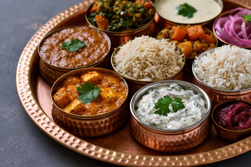Indian thali meal served on a large hammered copper tray with multiple dishes including rice, curry, raita and chutney