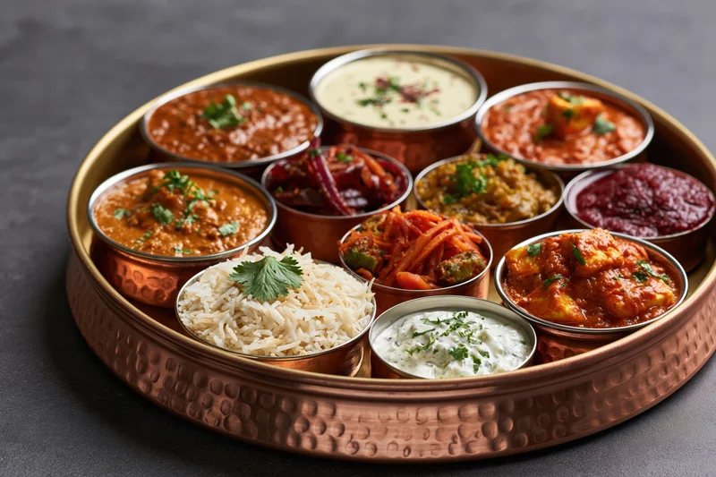 Indian thali meal served on a large hammered copper tray with multiple small bowls of curry, rice, yogurt, chutney and garnishes