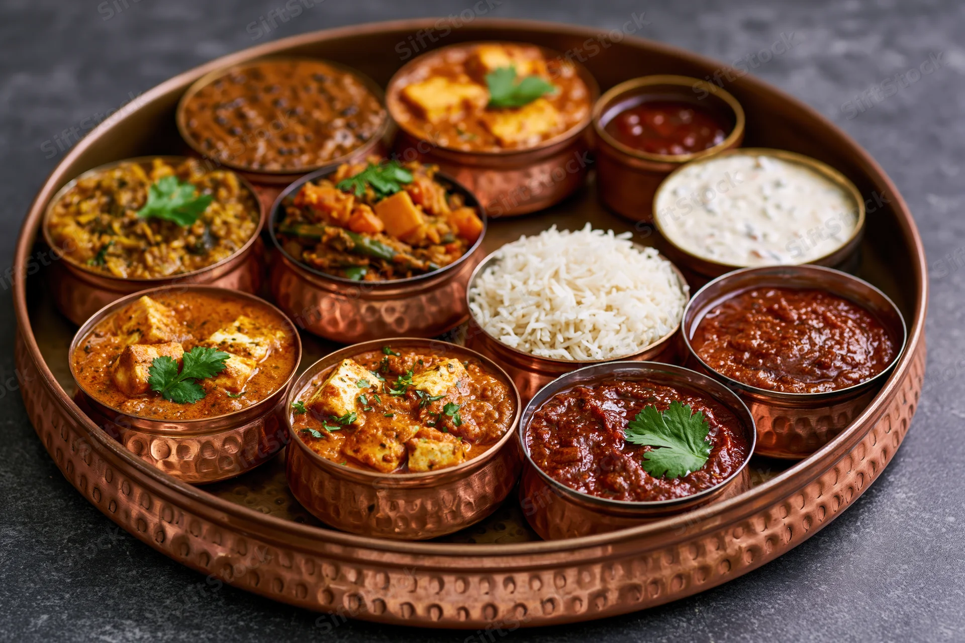 Indian thali meal served on a large hammered copper tray with multiple curries and rice