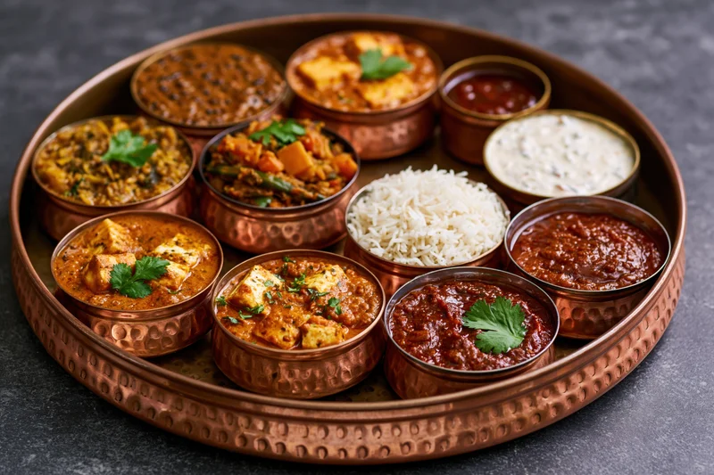 Indian thali meal served on a large hammered copper tray with multiple curries and rice