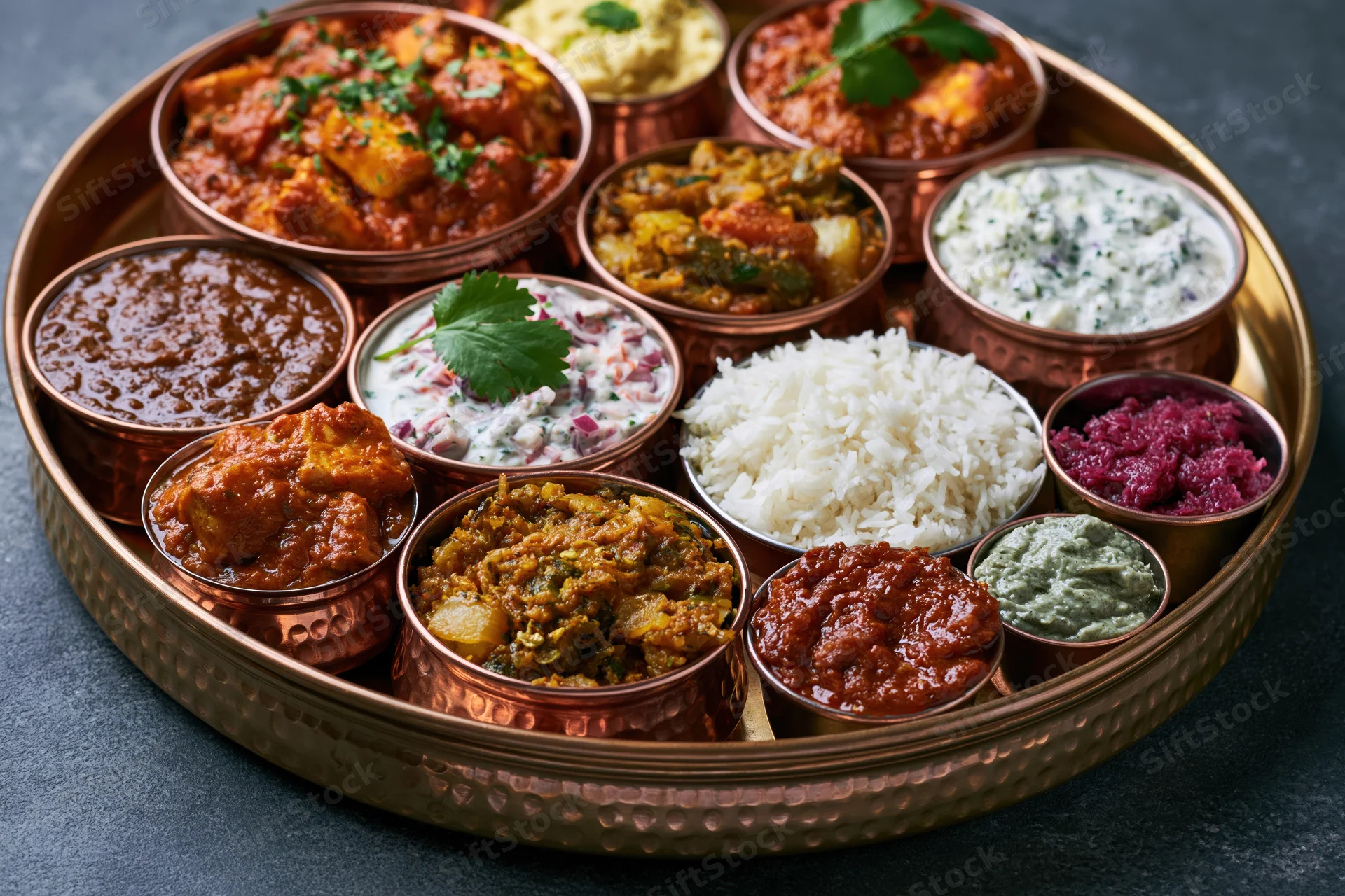 Indian thali meal served on a large hammered copper tray with multiple curries, rice, raita and chutneys arranged in small bowls