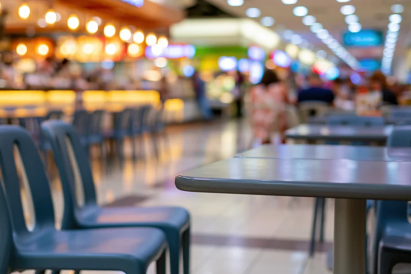Food court tables and chairs in a shopping mall interior with blurred background and ambient lighting