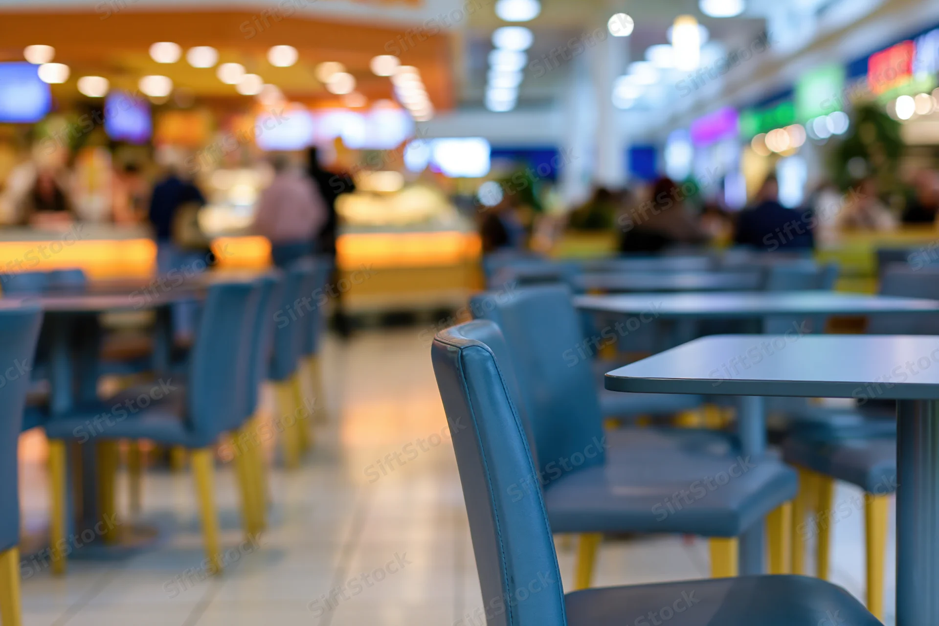 Blue chairs and tables in a shopping mall food court with blurred background