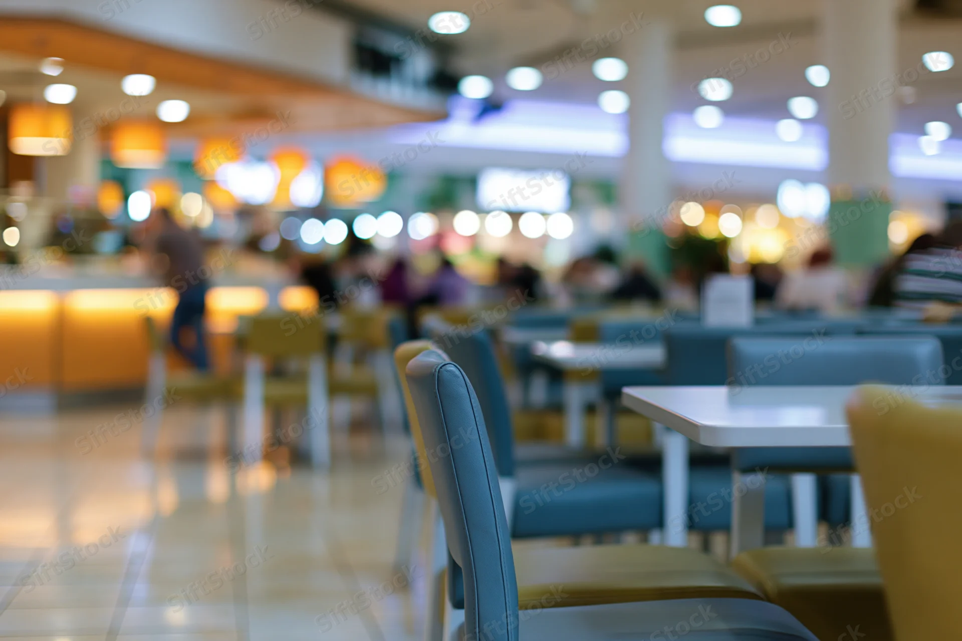 Food court seating area in a shopping mall interior with tables and chairs arranged for dining