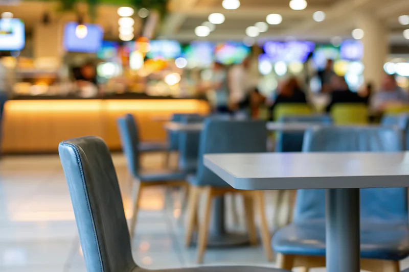 Low-angle view of blue chairs and gray tables in a shopping mall food court with blurred background and ceiling lights