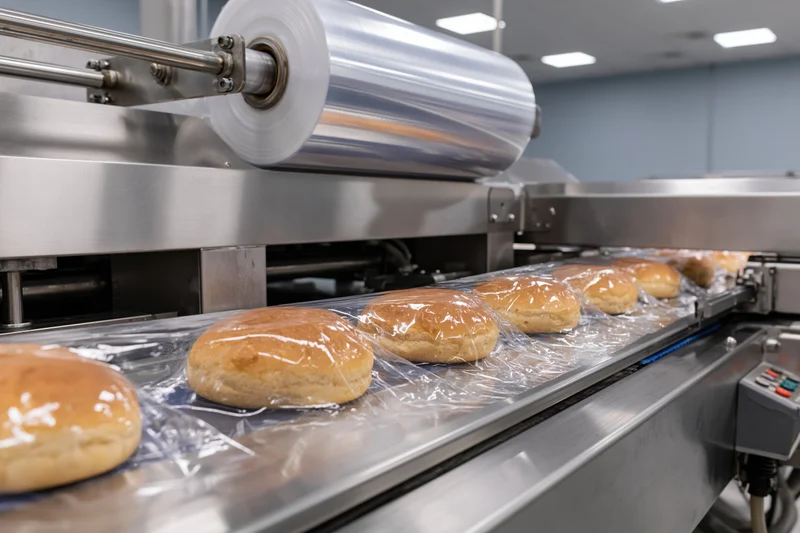 Glazed doughnuts moving along a conveyor belt in a food processing facility