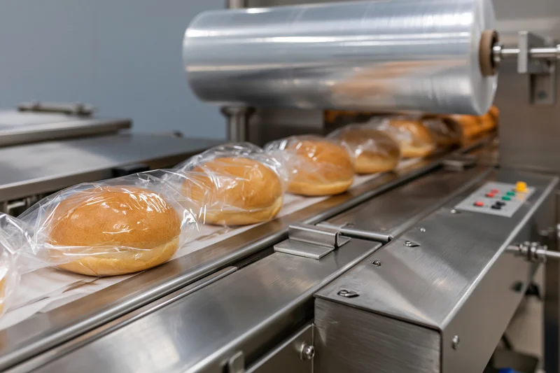 Bread being wrapped in plastic film on a conveyor belt in a food processing facility