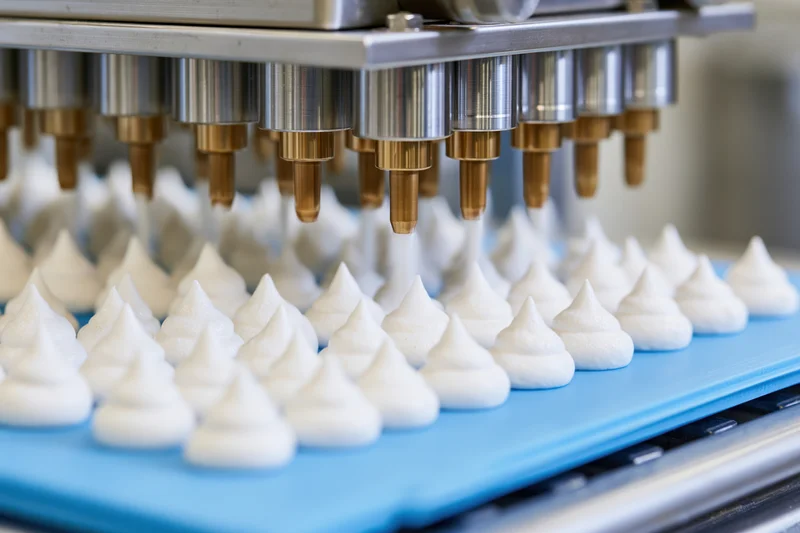 Industrial machine piping rows of white meringue onto blue silicone tray