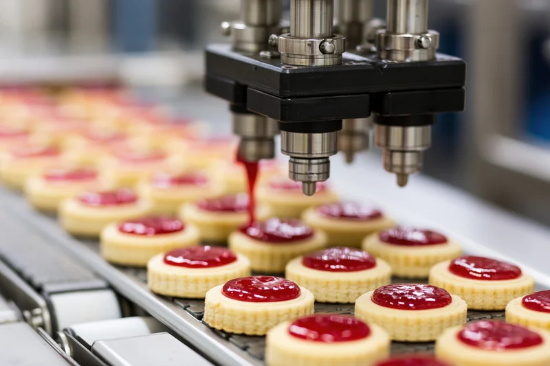Machine dispensing red jam onto cookies on a conveyor line in a factory