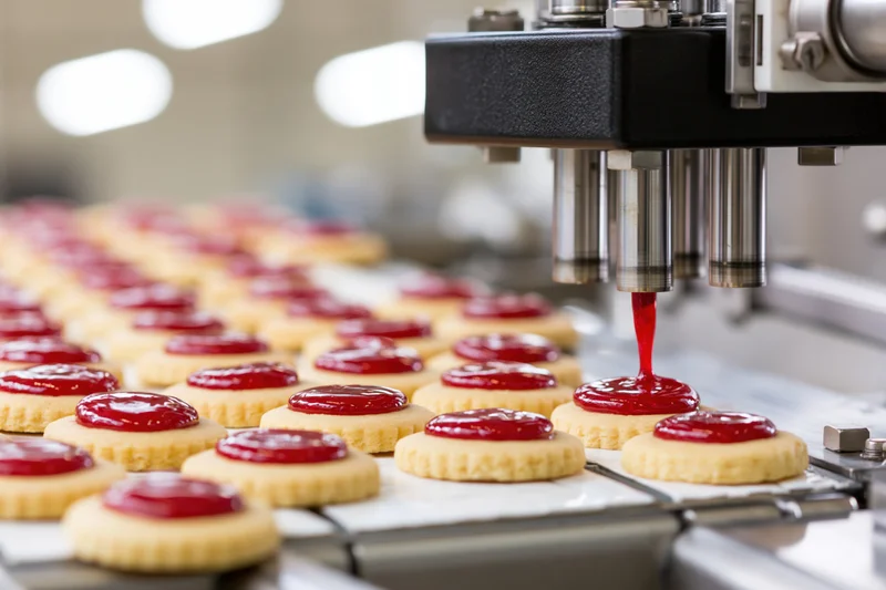 Machine dispensing red jam onto cookies on a conveyor belt in a factory