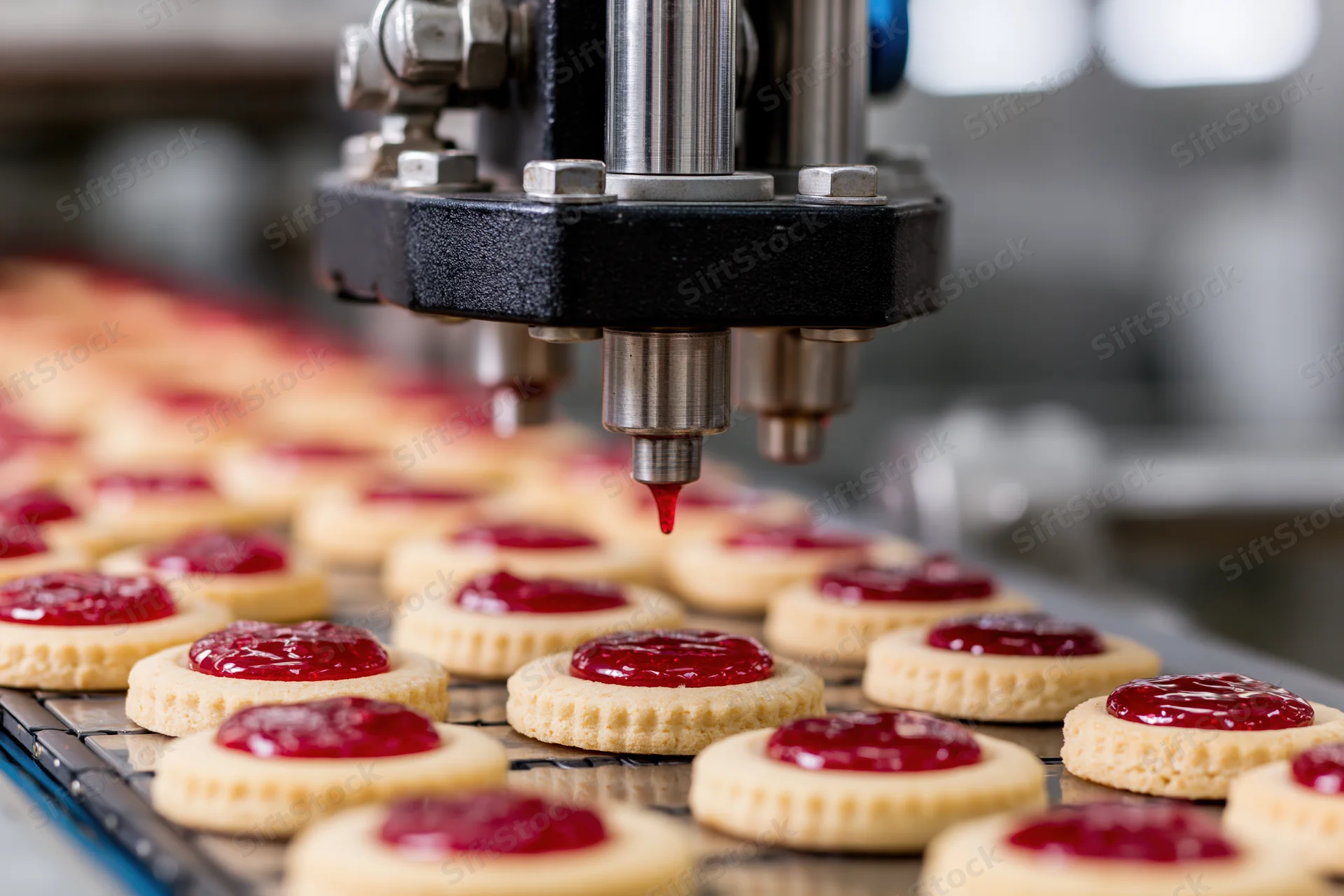 Machine dispensing red jam onto cookies on a conveyor in a factory