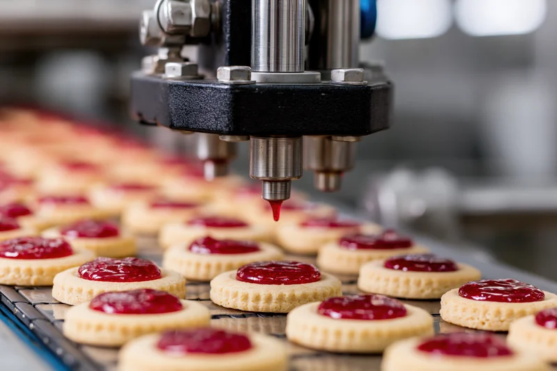 Machine dispensing red jam onto cookies on a conveyor in a factory